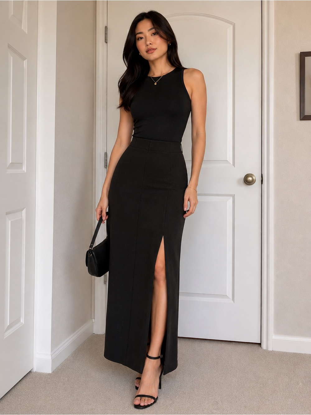 Zara Black Midi Skirt with Front Slit. - c
